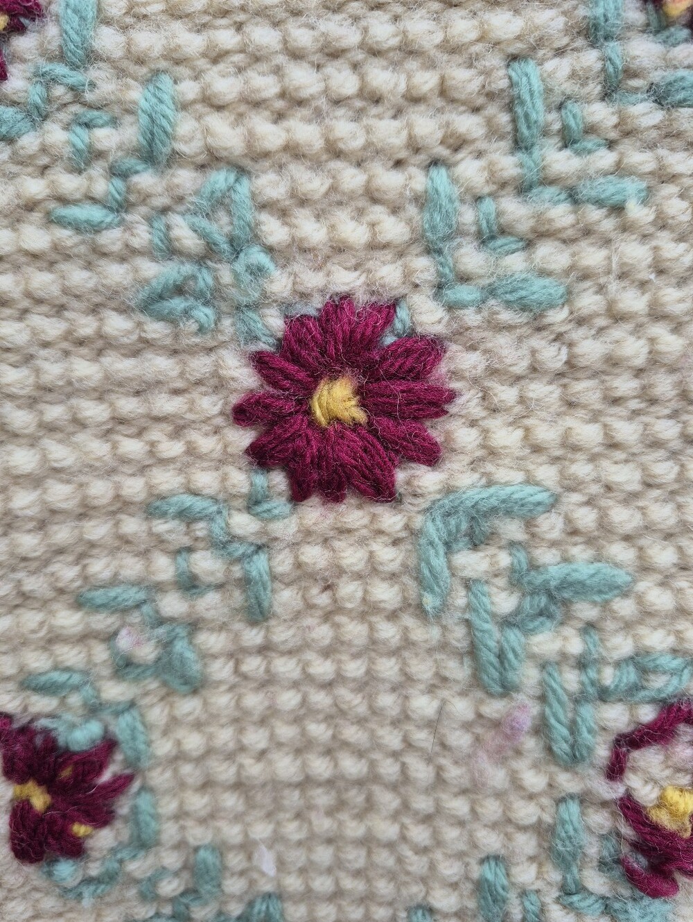 Vintage Crochet Floral Afghan Throw  - Cream with Magenta and Teal